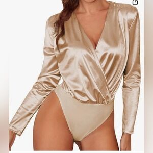 Chigant Women's Bodysuit Top Satin Long Sleeve Wrap Body Suits NWT Size S